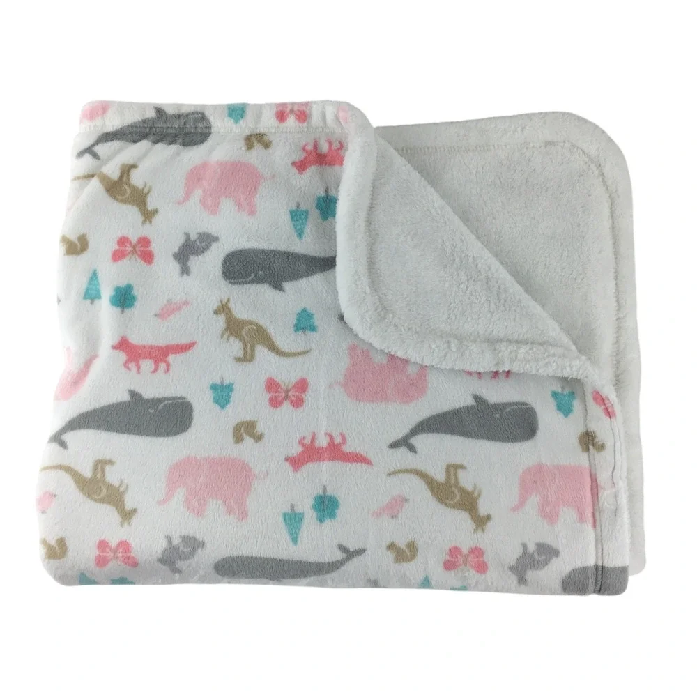 Carters Baby Blanket White Animal Print Elephant Whale Kangaroo Fox Fleece 37x30